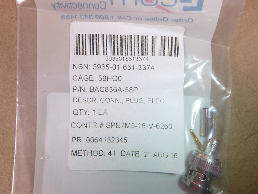 (Lot of 30) L-Com Coaxial Crimp Connector BAC836A-58P 50 ohm, Plenum RG58U | Electrical MRO Replacement Parts & Components and Commercial Electrical Supplies Company