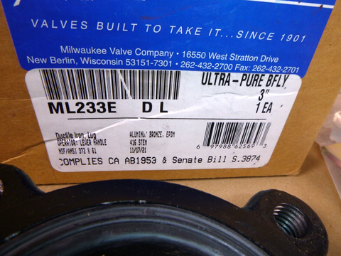 Milwaukee Ultra Pure ML233E D L 3" Butterfly Valve Ductile Iron Body ML233EDL