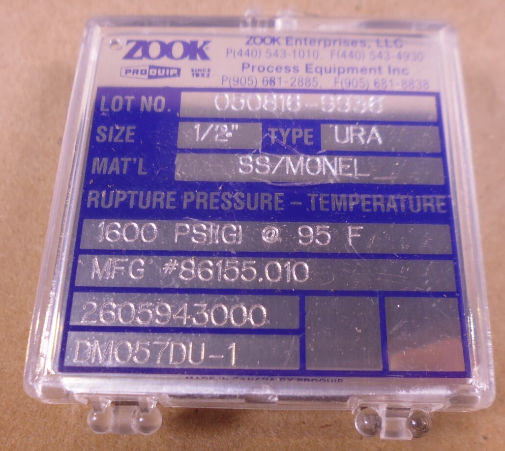 Zook DM057DU-1 Rupture Disc 2605943000 1/2" SS Monel , 4820-01-526-7417 | Industrial MRO Replacement Parts, Manufacturing Machine Parts &amp; Components, Heavy Equipment Parts Supplier