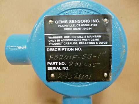 GEMS SENSORS FLOW SWITCH FS200 P-SS-1" PILOT DUTY 20Va 50-240VAC 316 STAINLESS