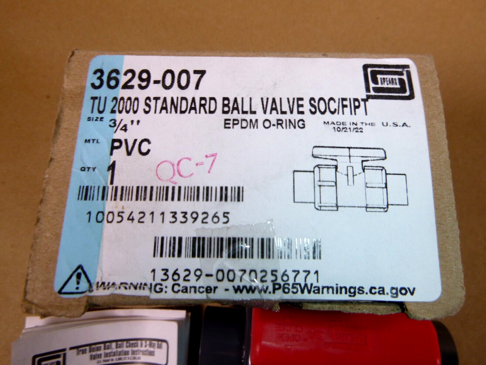 Spears 3/4" PVC True Union Ball Valve 3629-007 W/ Socket and FNPT Connectors | Industrial MRO Replacement Parts, Manufacturing Machine Parts &amp; Components, Heavy Equipment Parts Supplier