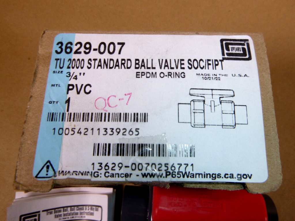 Spears 3/4" PVC True Union Ball Valve 3629-007 W/ Socket and FNPT Connectors | Industrial MRO Replacement Parts, Manufacturing Machine Parts & Components, Heavy Equipment Parts Supplier