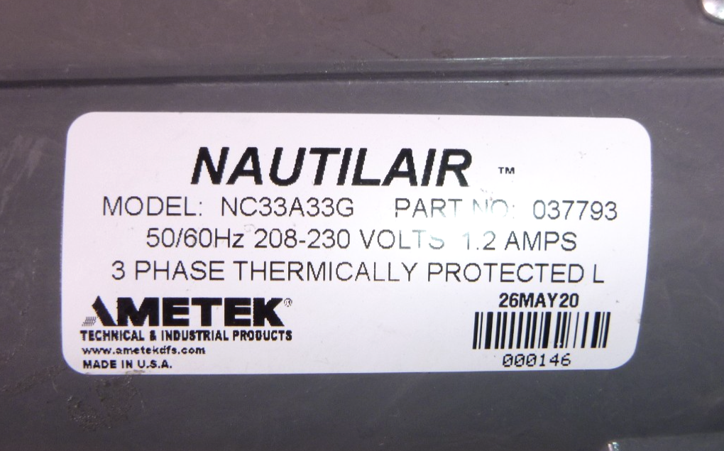 NC33A33G, 037793 Ametek Nautilair Brushless 3 Phase 230 VAC Blower 10.5"  New