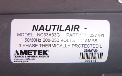 NC33A33G, 037793 Ametek Nautilair Brushless 3 Phase 230 VAC Blower 10.5"  New