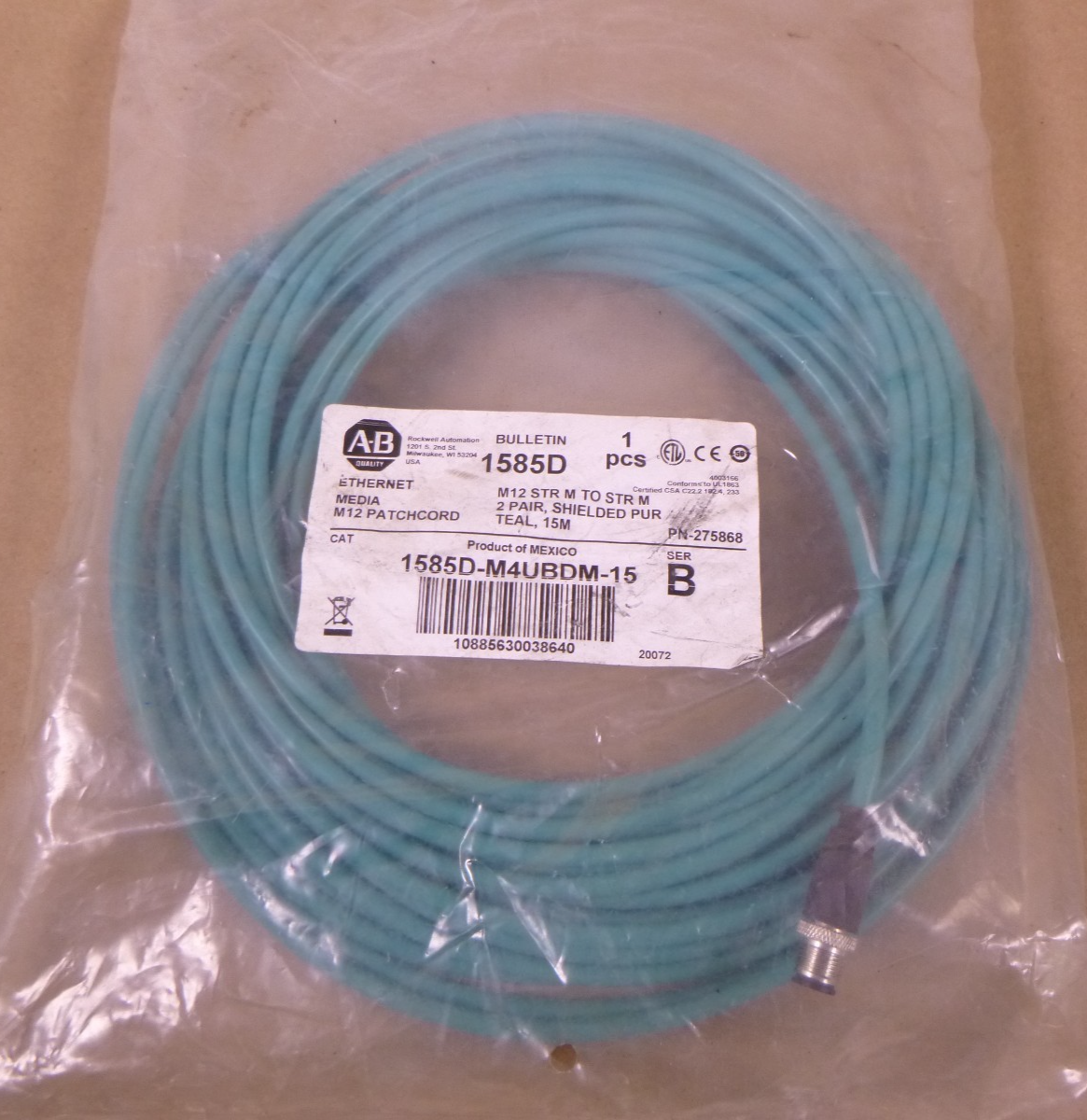 Allen Bradley 1585D-M4UBDM-15 Ethernet Cable 4-Pin Ser B 1585D M12 Patchcord | Electrical MRO Replacement Parts &amp; Components and Commercial Electrical Supplies Company