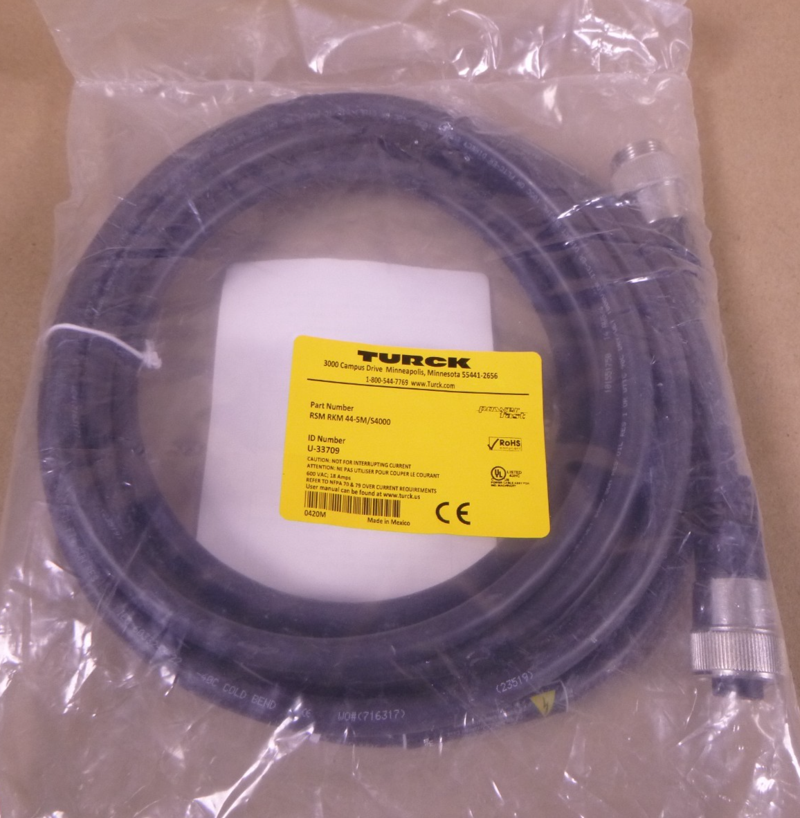 Turck RSM RKM 44-5M/S4000 Power Cordset 7/8" Male To Female 4-Pin 5M , U-33709 | Electrical MRO Replacement Parts &amp; Components and Commercial Electrical Supplies Company