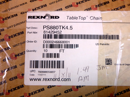 10 Ft. Rexnord PS880TAB-4.5IN TAB Curve Retention Table Top Chain 81429452 Gray | Industrial MRO Replacement Parts, Manufacturing Machine Parts &amp; Components, Heavy Equipment Parts Supplier
