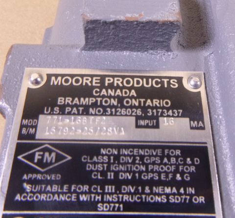Moore Products 771-16BTF2 CURRENT TO PNEUMATIC TRANSDUCER 4-20MA , 16MA, 15VDC | Industrial MRO Replacement Parts, Manufacturing Machine Parts & Components, Heavy Equipment Parts Supplier