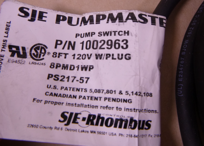 SJE Rhombus 1002963 Pump Switch , 8FT 120V w/ Plug 8PMD1WP