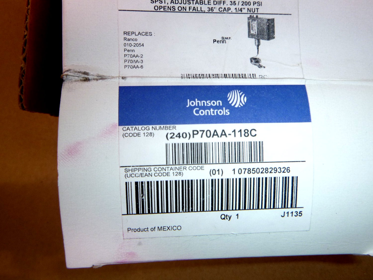 P70AA-118C Johnson Controls Head Pressure Fan Cycling 100/400 PSIG, SPST | Electrical MRO Replacement Parts &amp; Components and Commercial Electrical Supplies Company