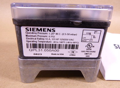 Siemens QP Series QPL31.050A00 Automatic Reset Low Pressure Switch, 1 to 20" WC | Electrical MRO Replacement Parts &amp; Components and Commercial Electrical Supplies Company