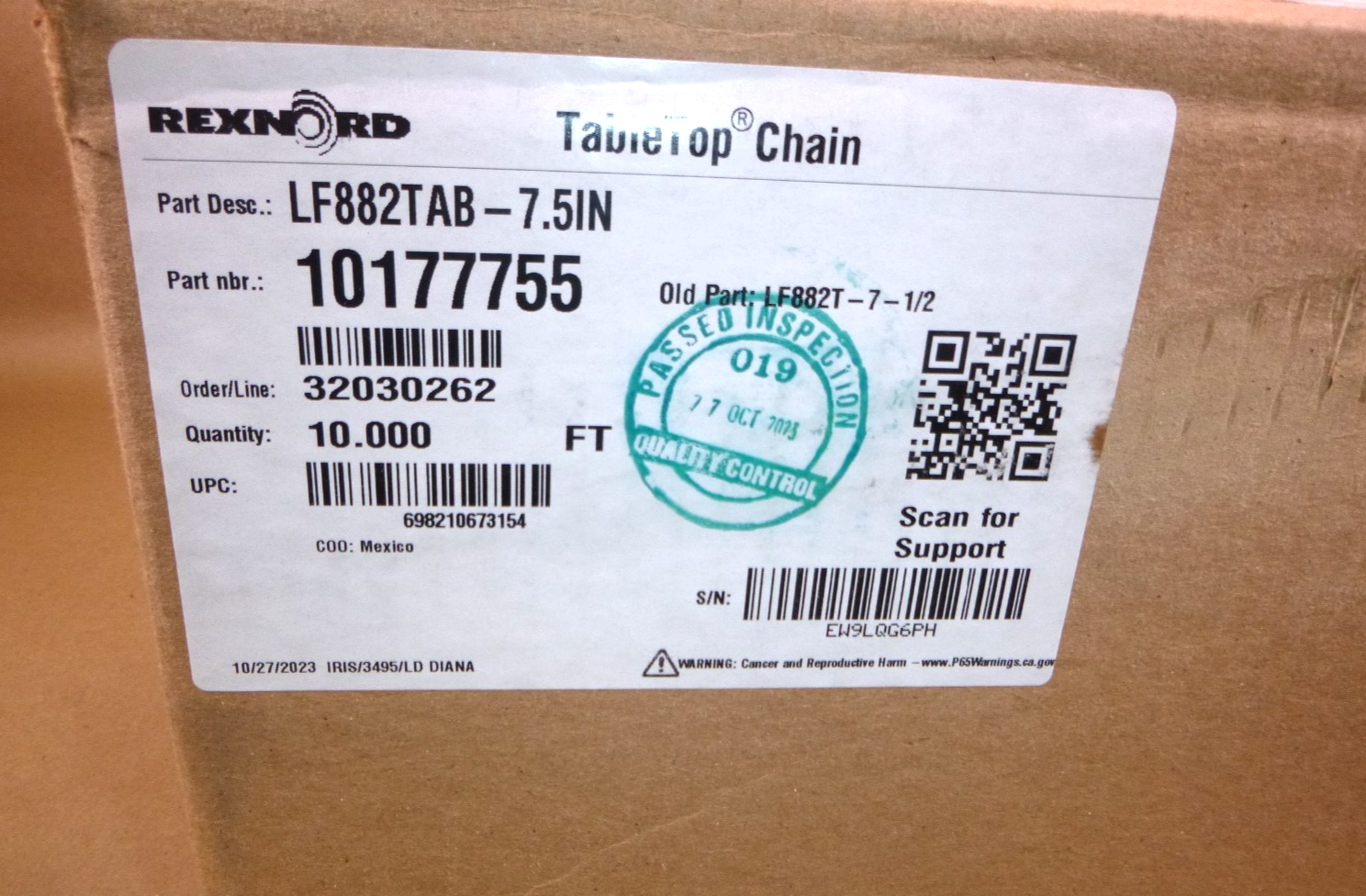 LF882TAB-7.50IN Rexnord 7-1/2" Wide Side Flexing Table Top Chain 10177755 (10&