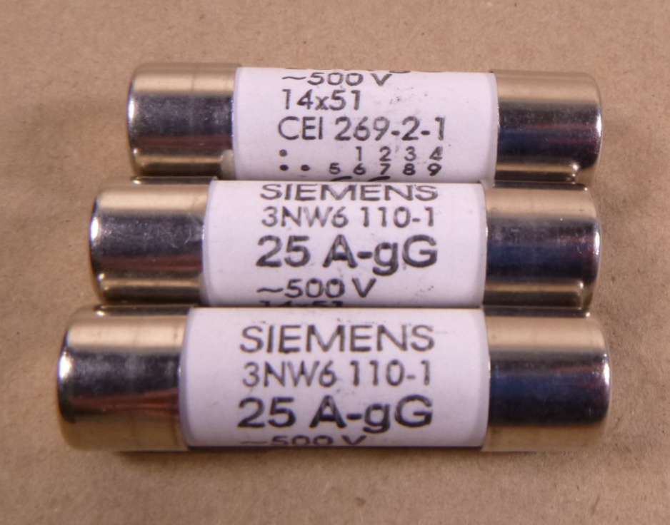 (3x) Siemens 3NW6 110-1 Fuse 25 A-gG 500V 14x51 CEI 269-2-1 | Electrical MRO Replacement Parts & Components and Commercial Electrical Supplies Company