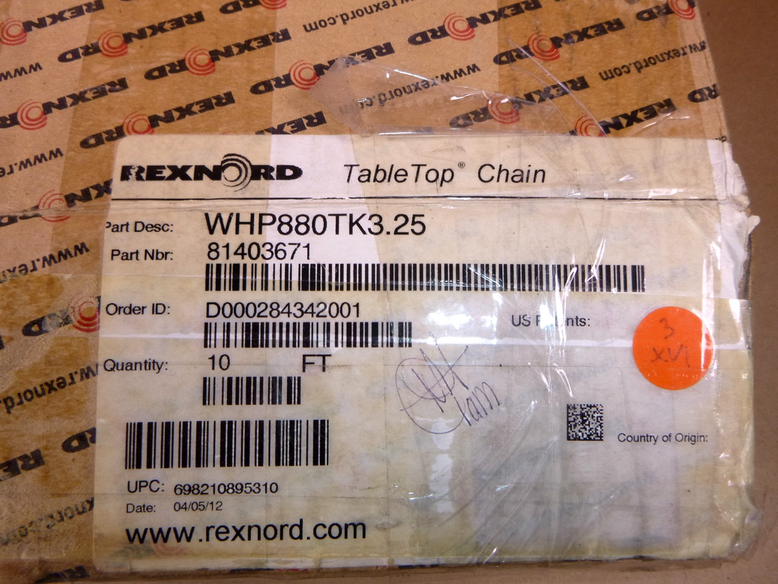 WHP880TAB-3.25IN Rexnord White Table Top Chain (10 Ft) 81403671, WHP880TK3.25 | Industrial MRO Replacement Parts, Manufacturing Machine Parts &amp; Components, Heavy Equipment Parts Supplier