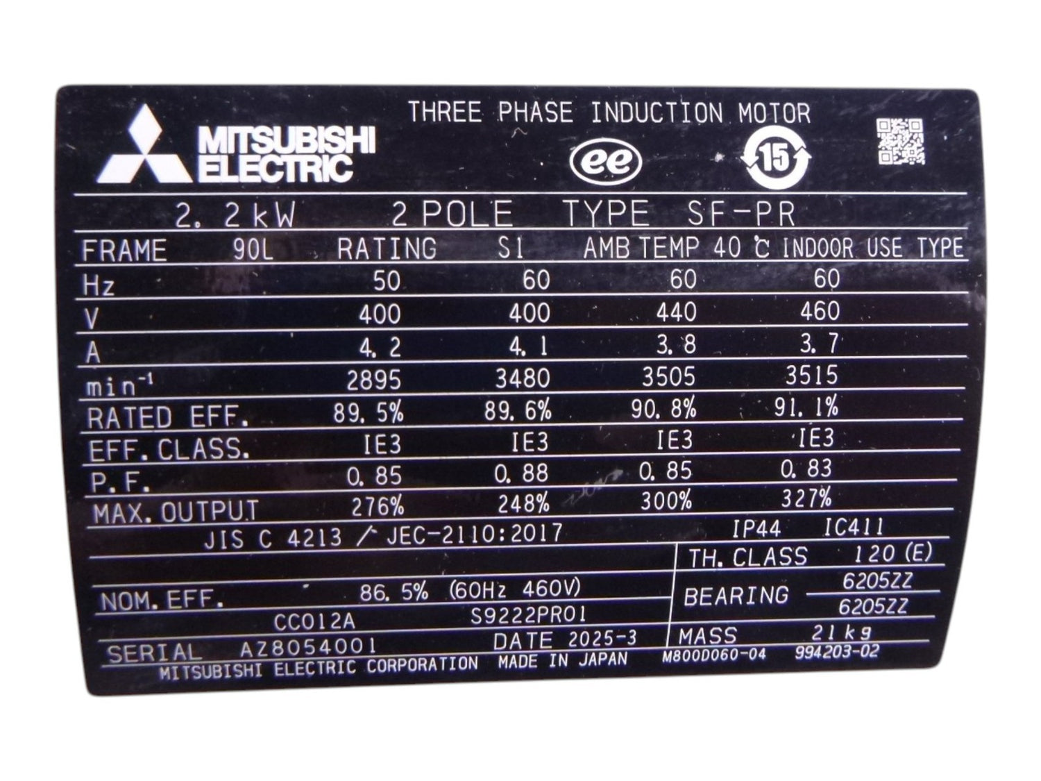 Mitsubishi SF-PR 2.2kw Three Phase Induction Motor 2-Pole 90L 400/440/460V