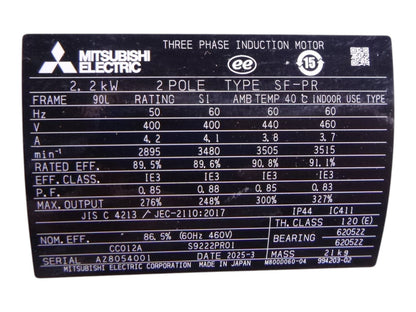 Mitsubishi SF-PR 2.2kw Three Phase Induction Motor 2-Pole 90L 400/440/460V