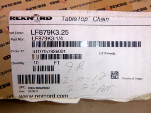 LF879K3-1/4 Rexnord Table Top Chain (10 Ft.) LF879K3.25 Tan | Industrial MRO Replacement Parts, Manufacturing Machine Parts & Components, Heavy Equipment Parts Supplier