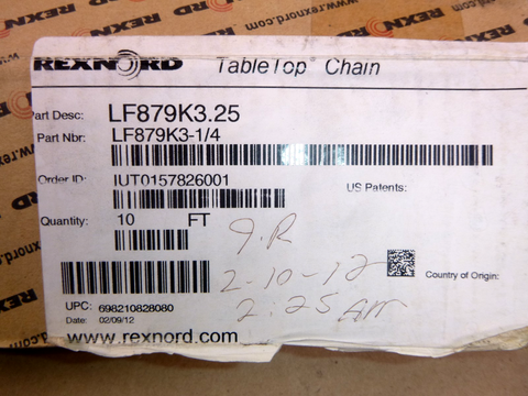 LF879K3-1/4 Rexnord Table Top Chain (10 Ft.) LF879K3.25 Tan | Industrial MRO Replacement Parts, Manufacturing Machine Parts & Components, Heavy Equipment Parts Supplier