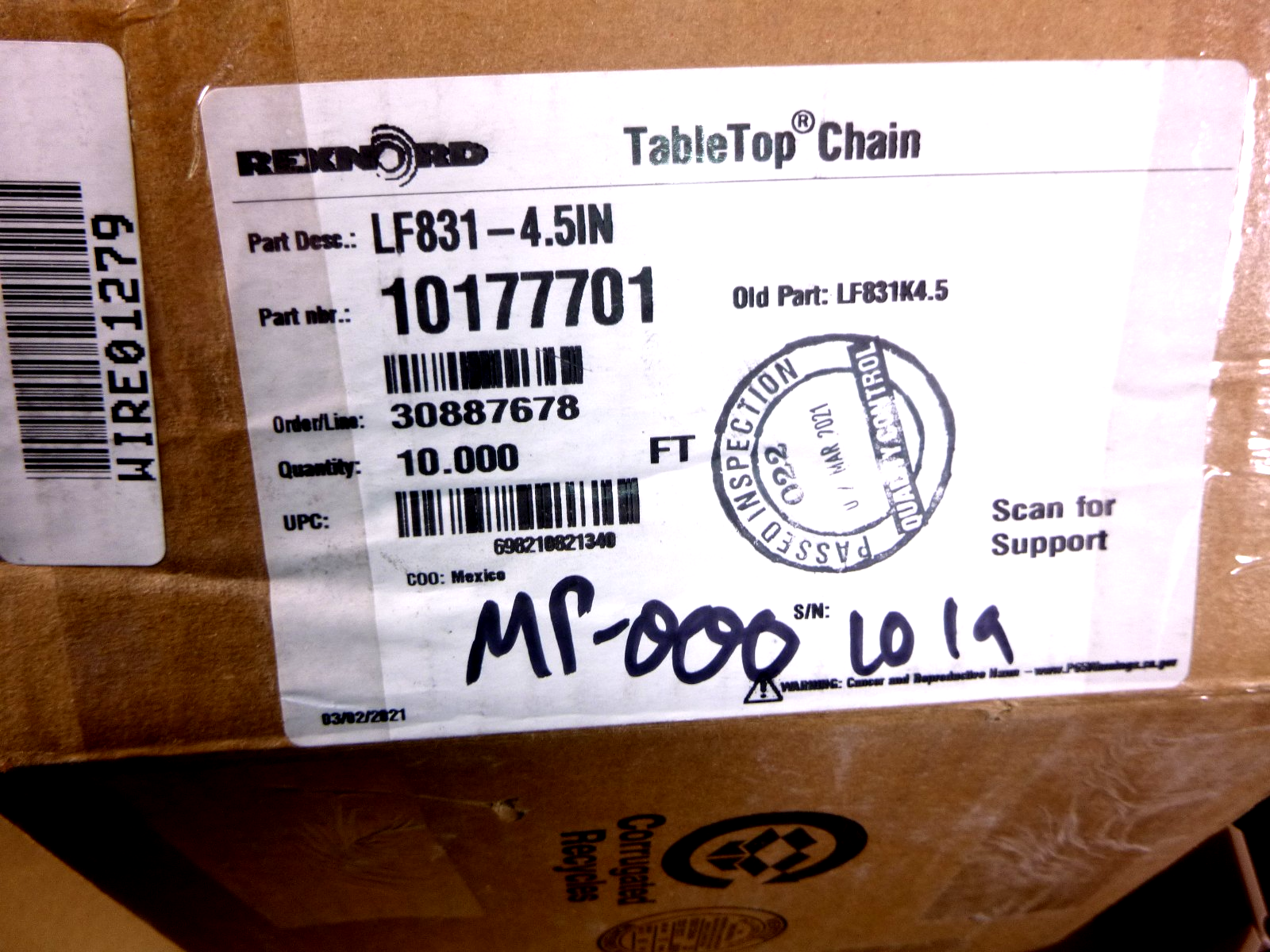 10 Ft. LF831K4.5 Rexnord Tan Low Friction Table Top Chain 4-1/2" x 1-1/2" Pitch | Industrial MRO Replacement Parts, Manufacturing Machine Parts &amp; Components, Heavy Equipment Parts Supplier