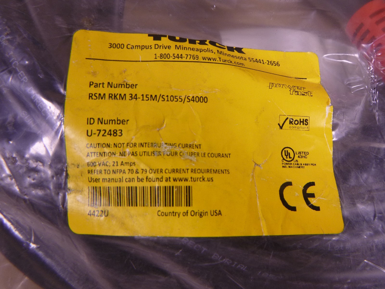 Turck RSM RKM 34-15M/S1055/S4000 Power Fast Cordset 3-Pin Double End , U-72483 | Electrical MRO Replacement Parts &amp; Components and Commercial Electrical Supplies Company