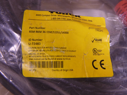 Turck RSM RKM 34-15M/S1055/S4000 Power Fast Cordset 3-Pin Double End , U-72483 | Electrical MRO Replacement Parts &amp; Components and Commercial Electrical Supplies Company