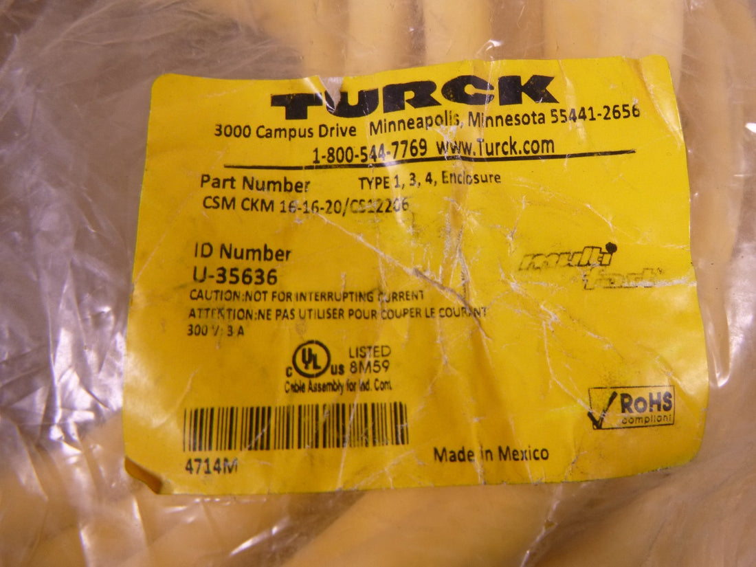 Turck CSM CKM 16-16-20/CS12206 Cordset U-35636 M23 Male/Female 16-Pin 20m Yellow | Electrical MRO Replacement Parts &amp; Components and Commercial Electrical Supplies Company
