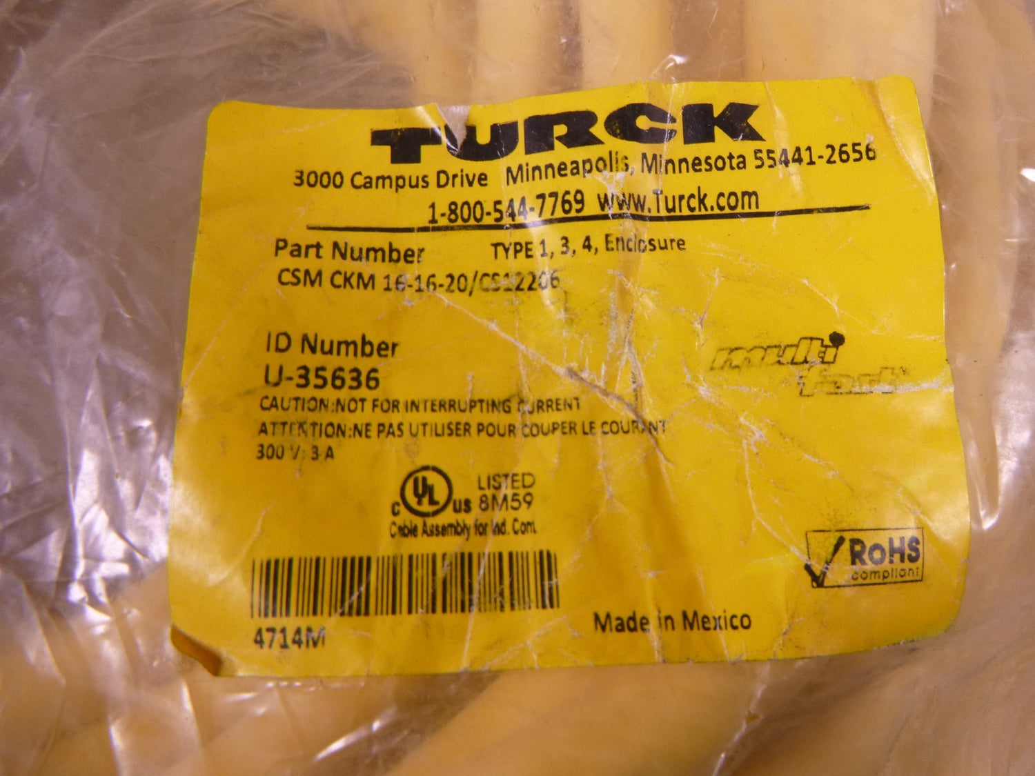 Turck CSM CKM 16-16-20/CS12206 Cordset U-35636 M23 Male/Female 16-Pin 20m Yellow | Electrical MRO Replacement Parts &amp; Components and Commercial Electrical Supplies Company