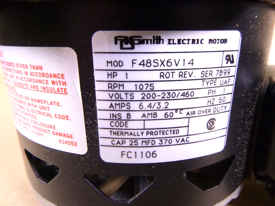 A.O. Smith FC1106 1 HP Single Phase Condenser Fan Motor 200-230/460 V, F48SX6V14 | Industrial Electric Motors, Pumps &amp; Parts