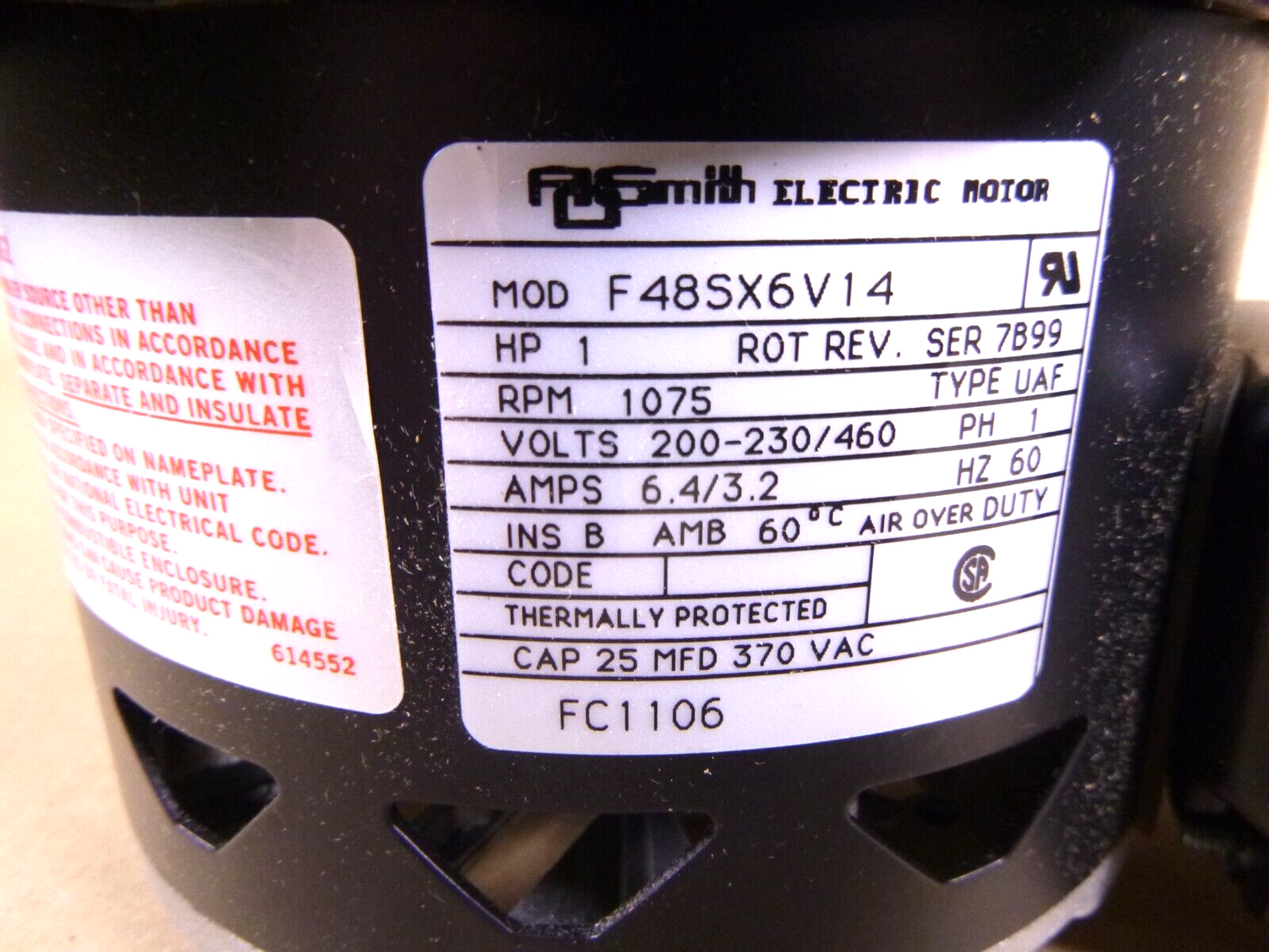A.O. Smith FC1106 1 HP Single Phase Condenser Fan Motor 200-230/460 V, F48SX6V14 | Industrial Electric Motors, Pumps &amp; Parts