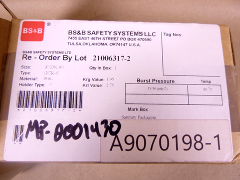 BS&B SAFETY SYSTEMS 3" / DN80 TYPE GCR-S RUPTURE DISC EPDM-B 316L, 21006317-2 | Industrial MRO Replacement Parts, Manufacturing Machine Parts & Components, Heavy Equipment Parts Supplier