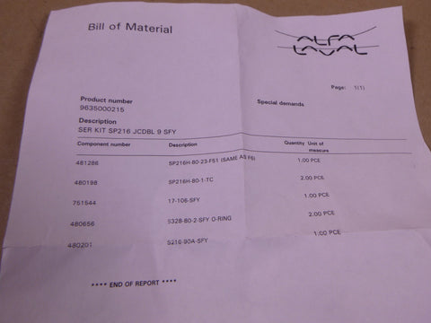 Alfa Laval SERVICE KIT SP216 JCDBL 9 SFY J.C. Dbl type 9 Tri-Clover , 9635000215 | Industrial MRO Replacement Parts, Manufacturing Machine Parts & Components, Heavy Equipment Parts Supplier