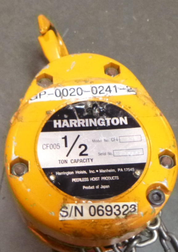 USED Harrington CF4 1/2 Ton w/ 14’ Chain Manual Hoist , CF4-931 | Industrial MRO Tools and Replacement Industrial Equipment Components