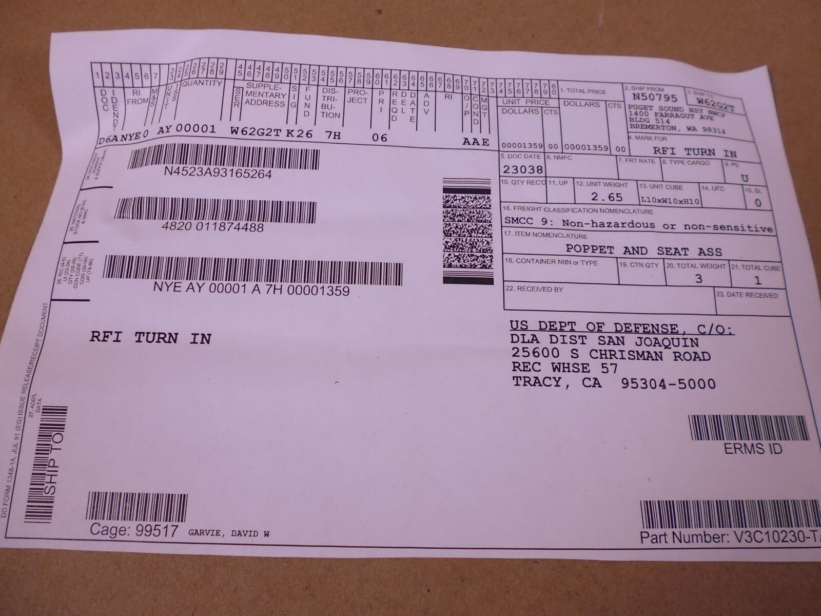 Vacco V3C10230-TA Poppet &amp; Seat Assembly For 5VL , 4820-01-187-4488 | Industrial MRO Replacement Parts, Manufacturing Machine Parts &amp; Components, Heavy Equipment Parts Supplier