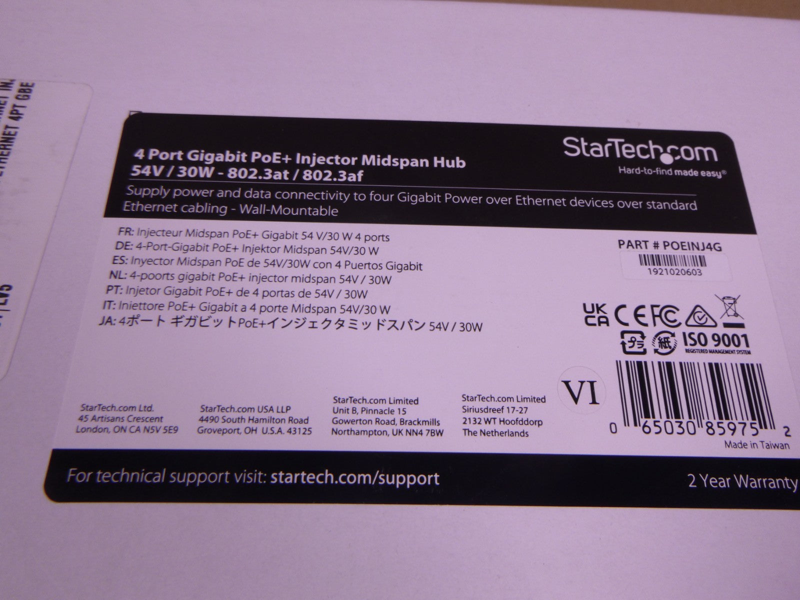 StarTech POEINJ4G 4-port Gigabit PoE+ Injector Midspan Hub 54V 30W 8023.at | Electrical MRO Replacement Parts &amp; Components and Commercial Electrical Supplies Company