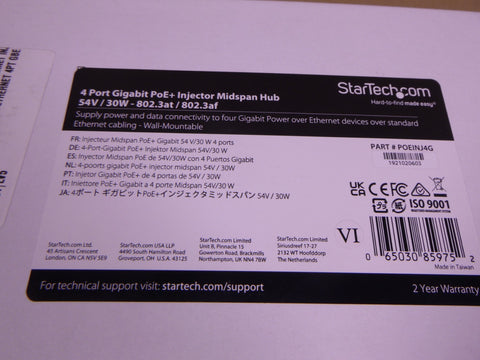 StarTech POEINJ4G 4-port Gigabit PoE+ Injector Midspan Hub 54V 30W 8023.at | Electrical MRO Replacement Parts & Components and Commercial Electrical Supplies Company