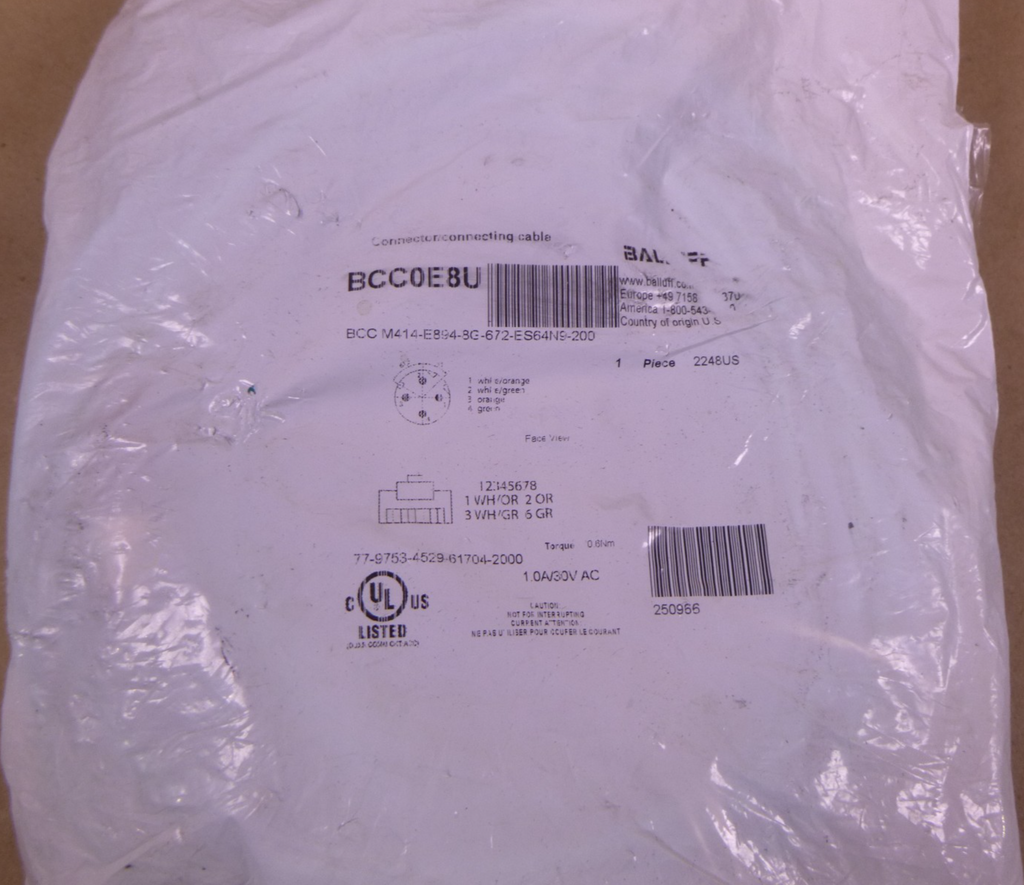 Balluff BCC0E8U BCC M414-E894-8G-672-ES64N9-200 Ethernet Cable RJ45 to M12 20M