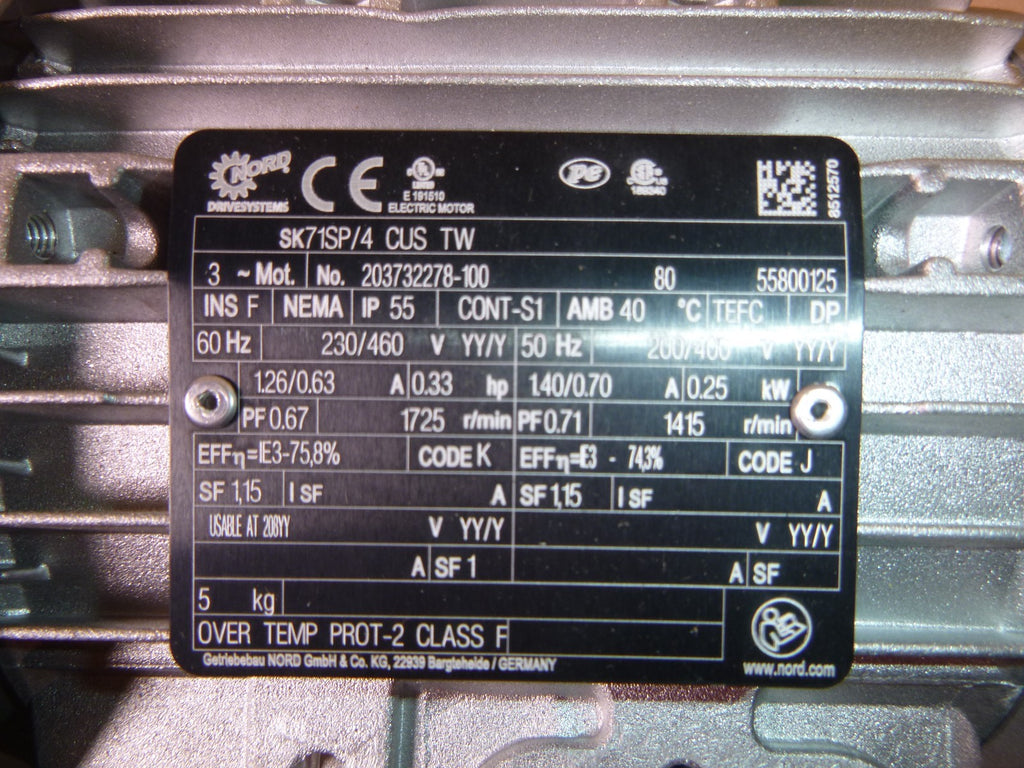 Nord SK172.1-71SP/4 Parallel Shaft Gearmotor 1/3 Hp. 32 Rpm 3 Phase TEFC 230/460 | Industrial Electric Motors, Pumps & Parts