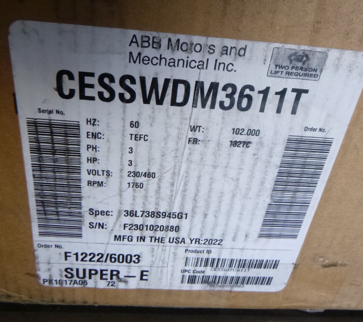 Baldor CESSWDM3611T SuperE Washdown Stainless Motor 3HP 3PH 230/460V 182TC | Industrial Electric Motors, Pumps &amp; Parts