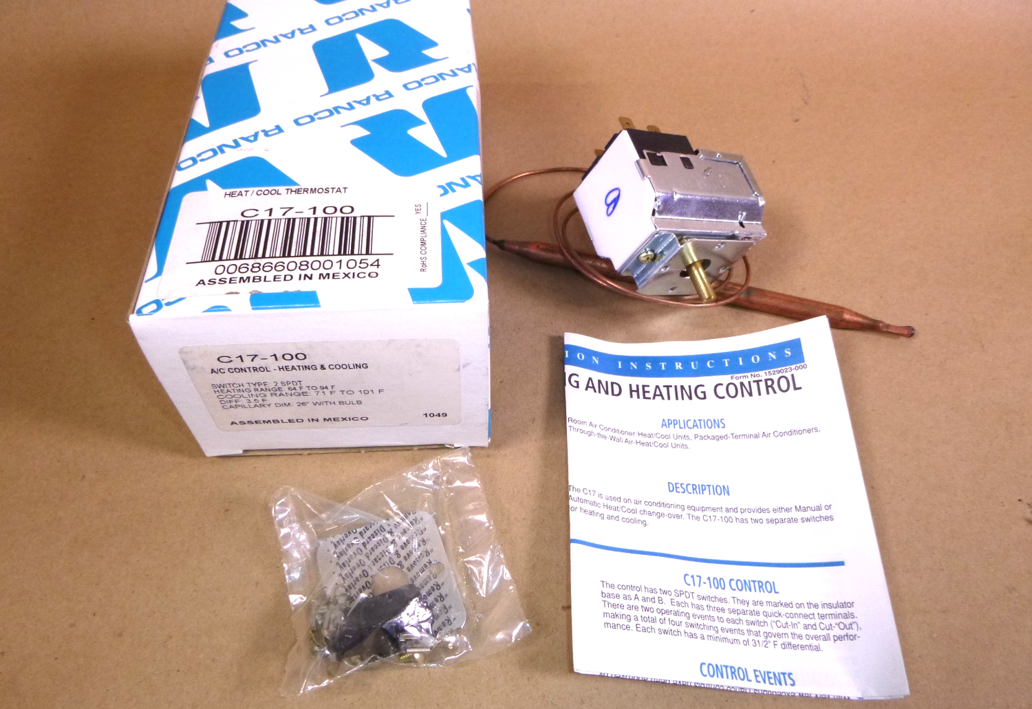 New Ranco C17-100 64-94F / 71F-101F 2 SPDT 26" Capillary Heat / Cool Thermostat