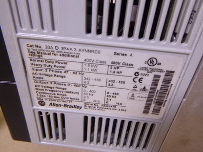 Allen Bradley 20AD3P4A3AYNNRC0 PowerFlex 70 Drive 2HP / 1.5HP 3Phase