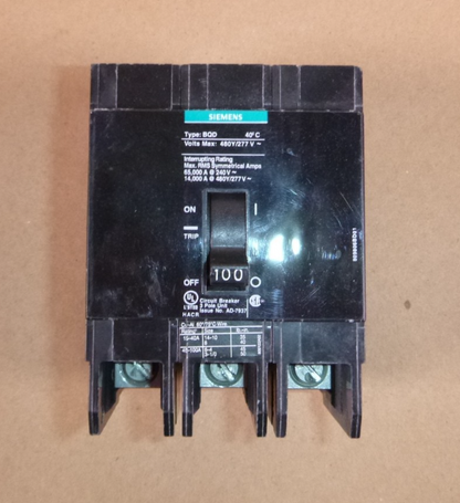 Siemens BQD3100 100A 3-Pole Circuit Breaker 480/277V AC Bolt-On