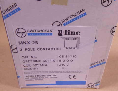 L&T MNX 25 Switchgear CS 94110 Contactor Relay 240V Coil 3-Pole