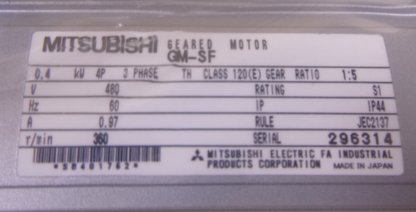 Mitsubishi GM-SF Gear Motor 0.4kw 360r/min 480V 1:5 Ratio 3-Phase 60Hz 0.97A | Industrial Electric Motors, Pumps &amp; Parts