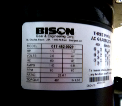 017-482-0029, 1/2HP BISON 60RPM 230/460VAC 482 SERIES 3PH PARALLEL GEARMOTOR | Industrial Electric Motors, Pumps &amp; Parts