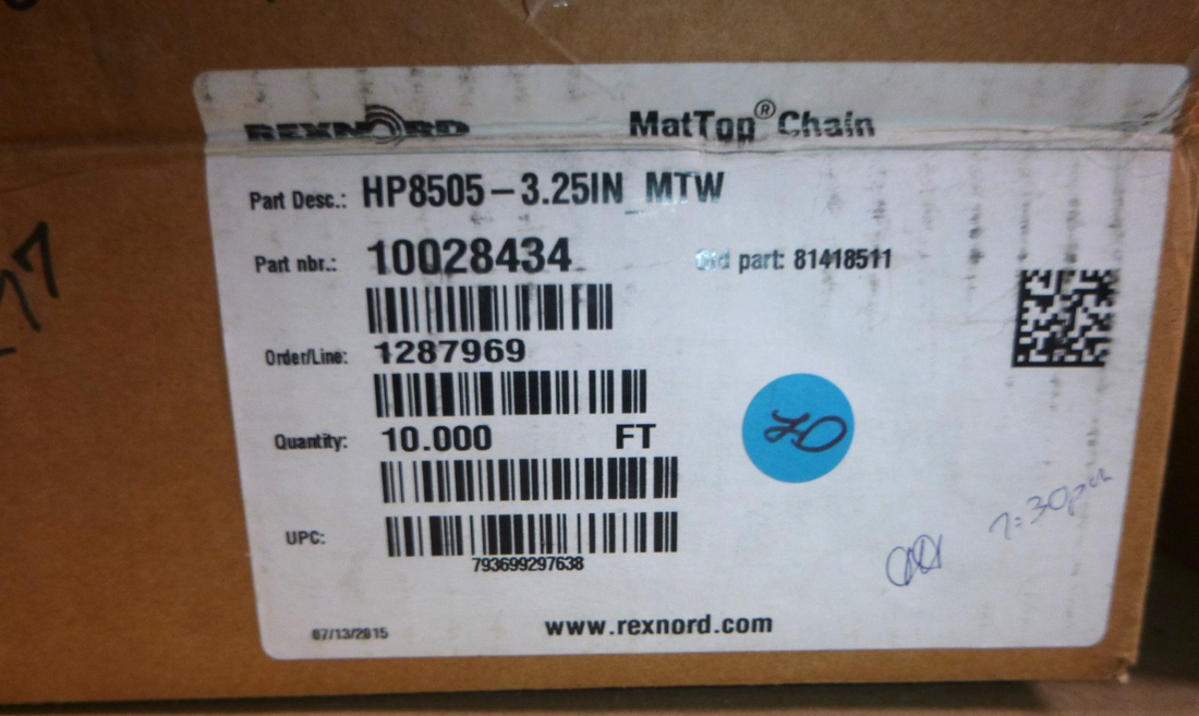 Rexnord HP8505 3.25 Inch Wide Molded-To-Width MatTop Chain 81418511 (19&