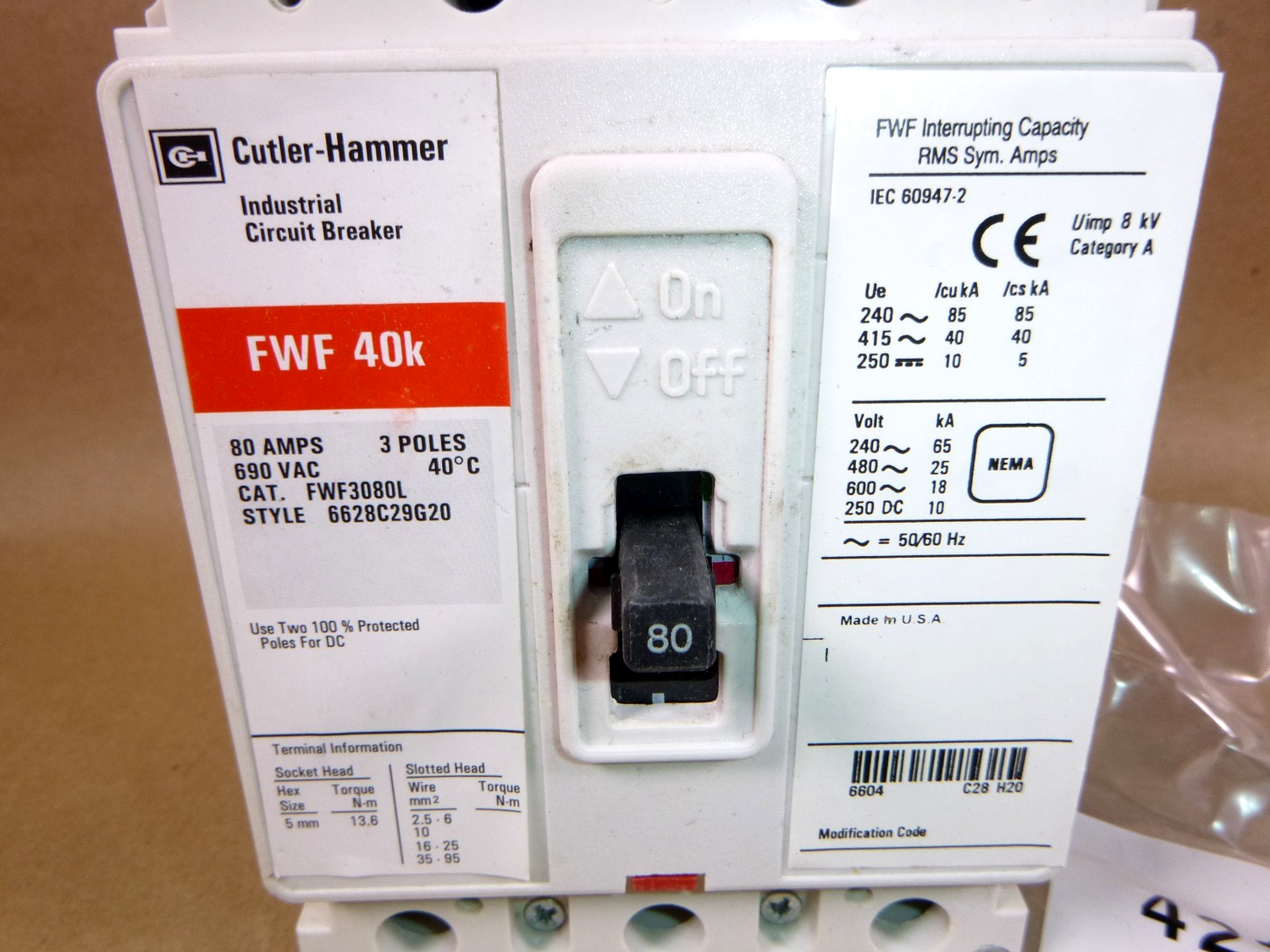 Eaton CH FWF3080LM08 Fixed Thermal, Fixed Magnetic Trip Circuit Breaker 80A 40kA | Electrical MRO Replacement Parts &amp; Components and Commercial Electrical Supplies Company