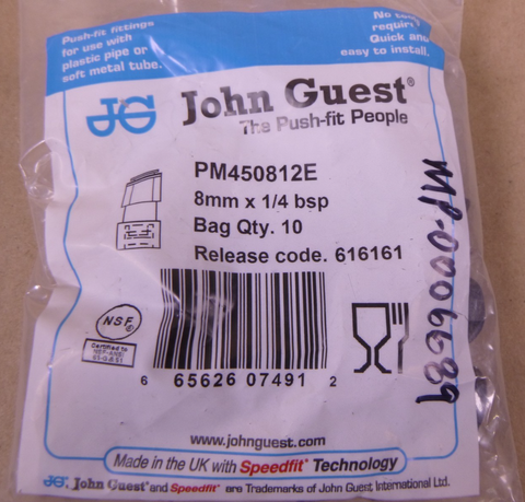(10 Pack) PM450812E John Guest Quick Push-Fit Fitting , 8mm x 1/4 bsp | Industrial Replacement Nuts & Bolts Distributor and Machinery Screws & Fasteners Supply
