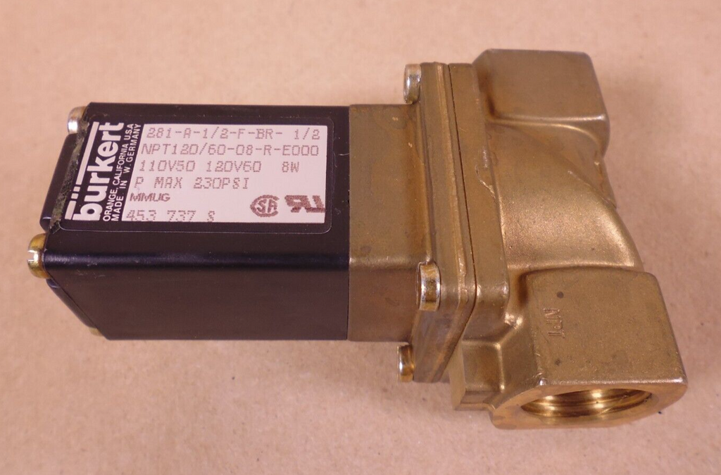 Burkert 281-A-1/2-F-BR-1/2 1/2" NPT Solenoid Valve 120V 230PSI 8W | Industrial MRO Replacement Parts, Manufacturing Machine Parts & Components, Heavy Equipment Parts Supplier