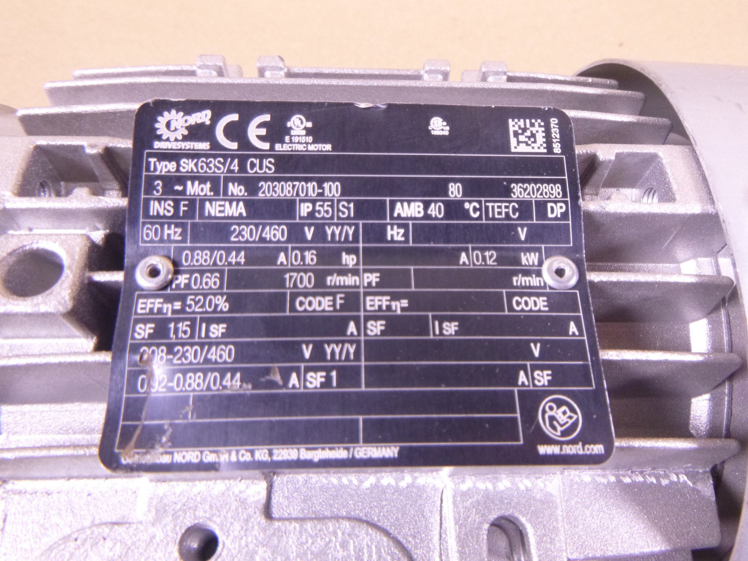 SK 072.1-63S/4 Nord Gearmotor , 14.40:1 Ratio, 0.16HP, 118 RPM, 230/460V | Industrial Electric Motors, Pumps &amp; Parts