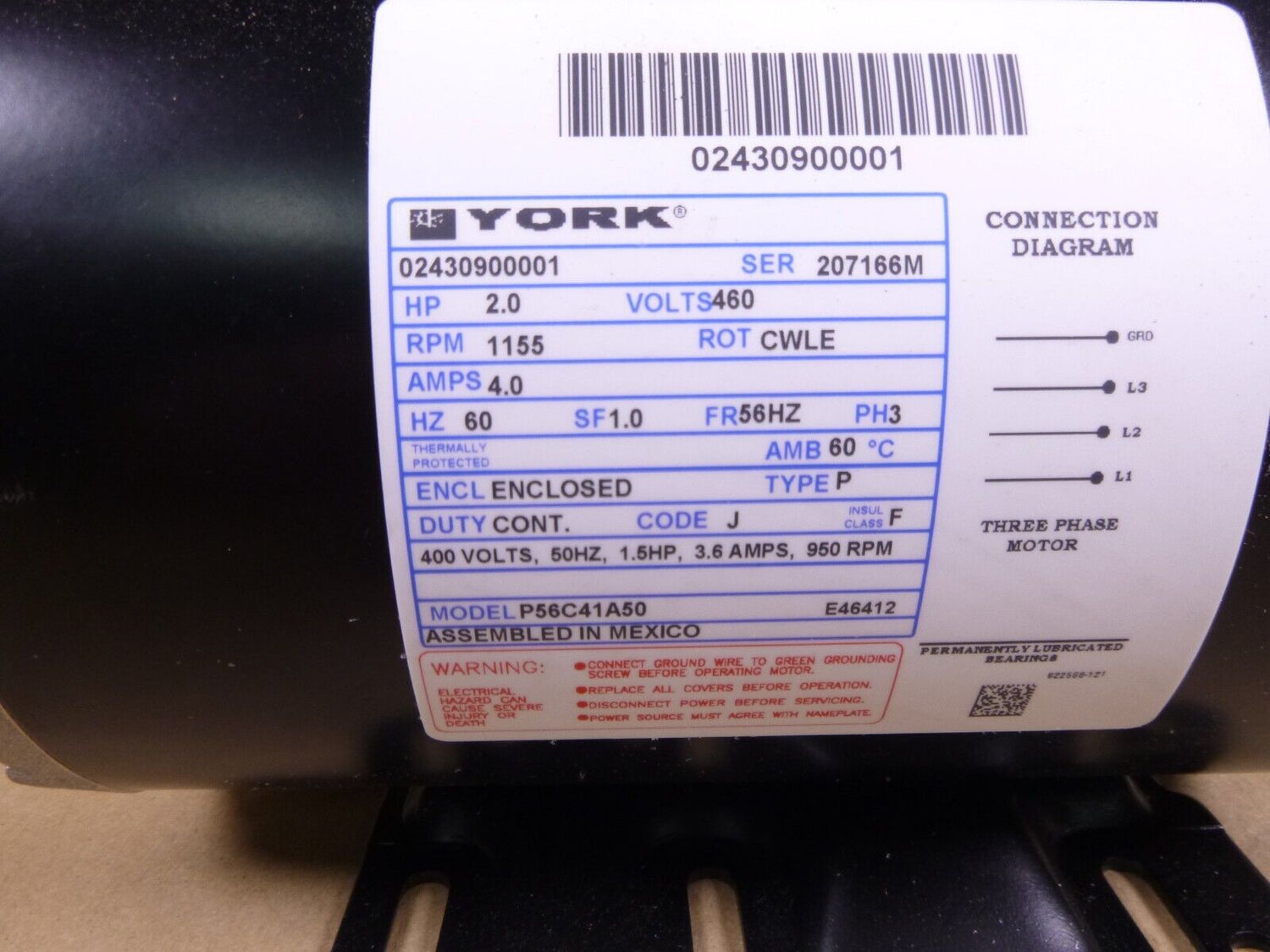 York Chiller 02430900001 Fan Motor 2 Hp. 1155 Rpm 460 Volt 3 Phase 56HZ Frame | Industrial Electric Motors, Pumps &amp; Parts
